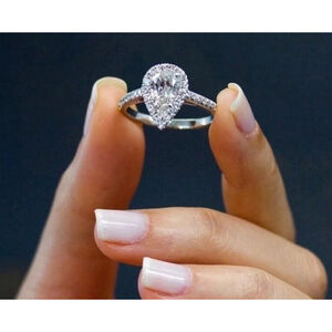 NEW Women's 3Ct Rhodium S925 Pear Halo Teardrop‎ Engagement Ring, Size 7